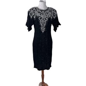 Vintage 1980s Silky Nites Sequined and Pearl Embellished Silk Cocktail Dress S